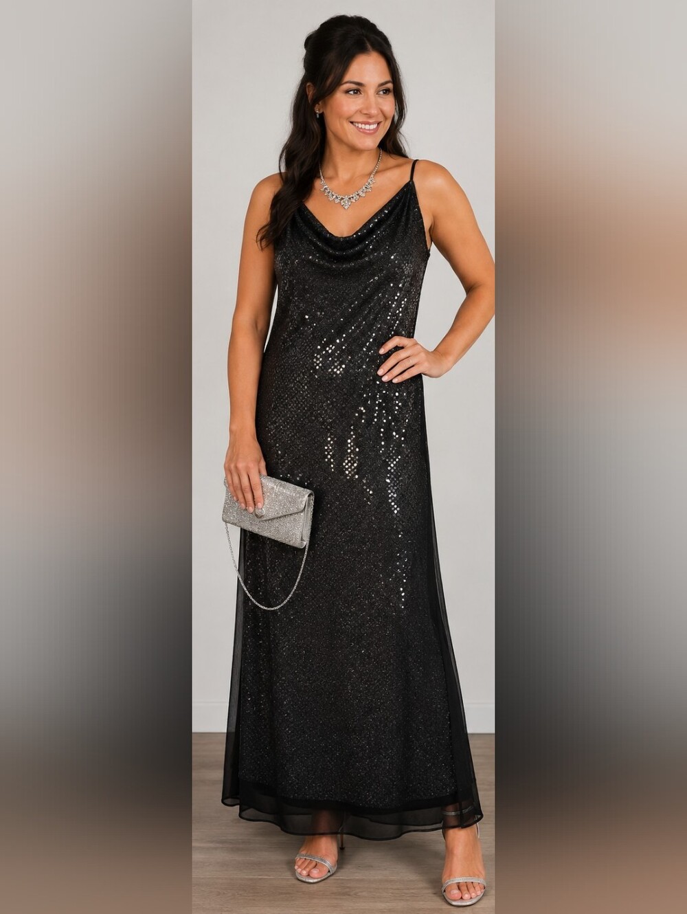Blondie Nites By Jaslene Black Sequin With Silver Underlay Cowl Neck Maxi Dress